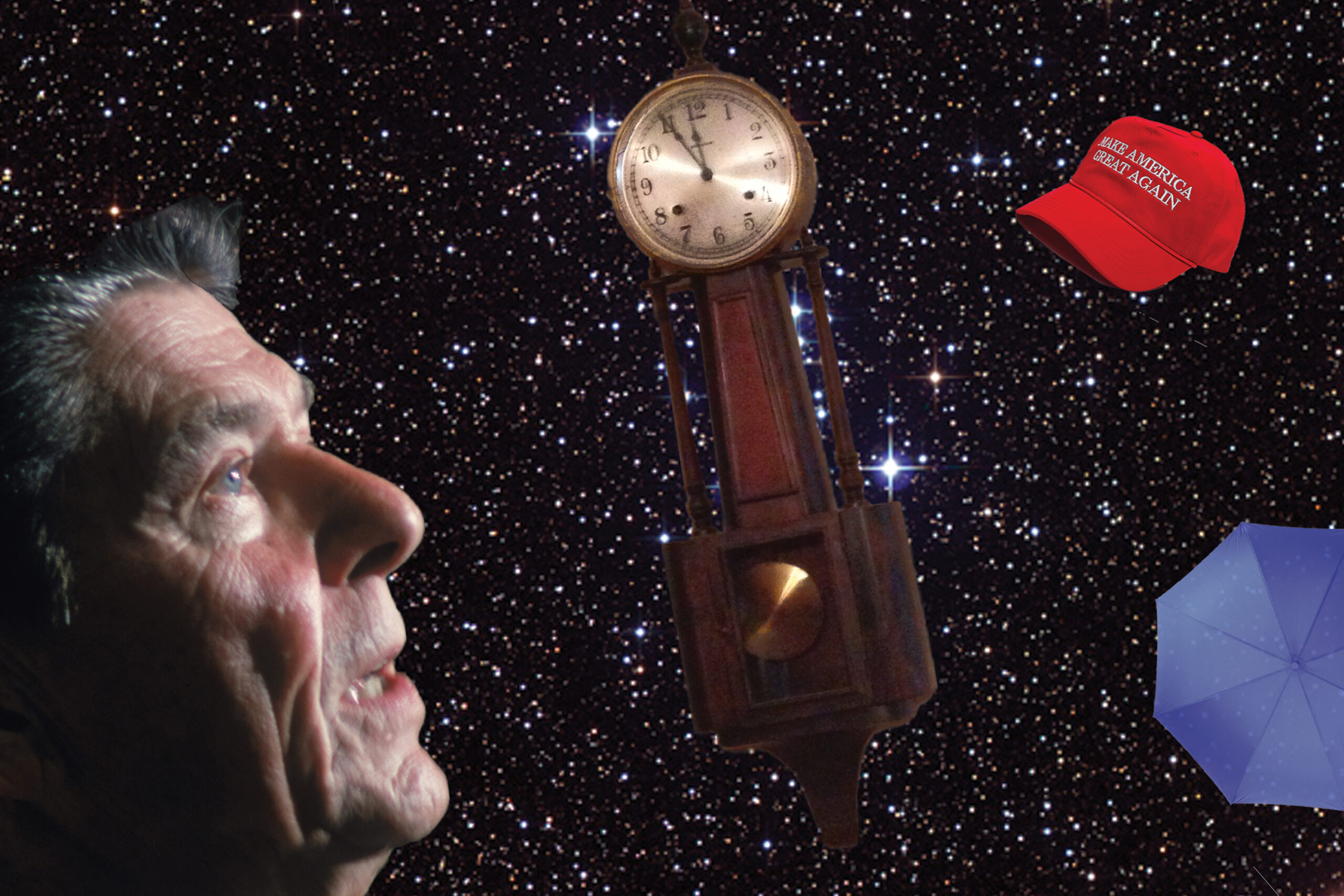 Ronald Reagan, a clock, a MAGA hat, and a blue umbrella against starry backdrop